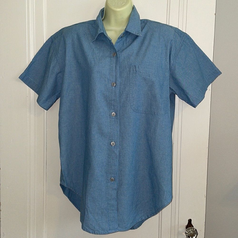 Vtg 80s M.I.C. Fashion blue denim cotton chambray short sleeve oversized shirt